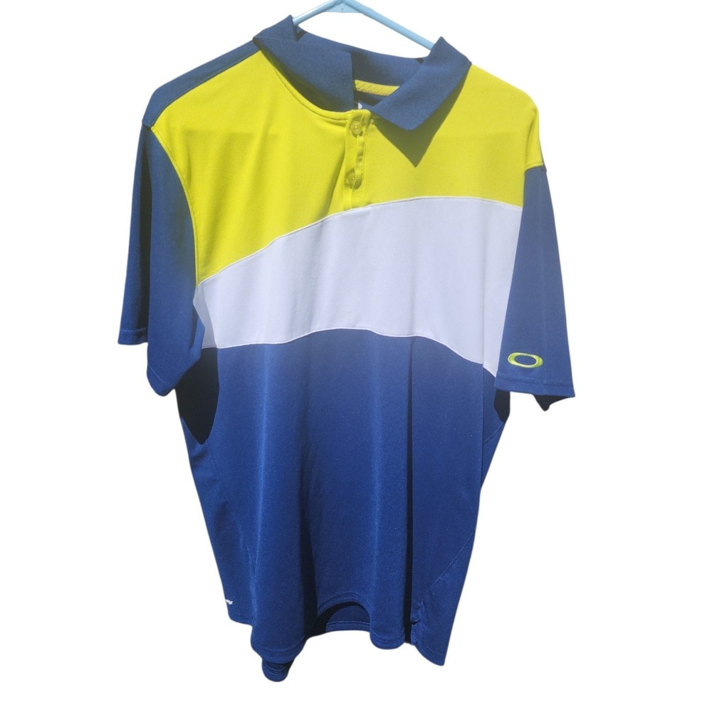 Oakley O-Hydrolix Golf Polo Shirt Mens XL Blue Yellow Colorblock Regular Fit